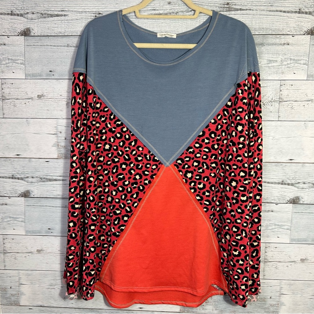 Carole Christian Women’s Top Leopard Print with Red & Blue Color Block Size XL